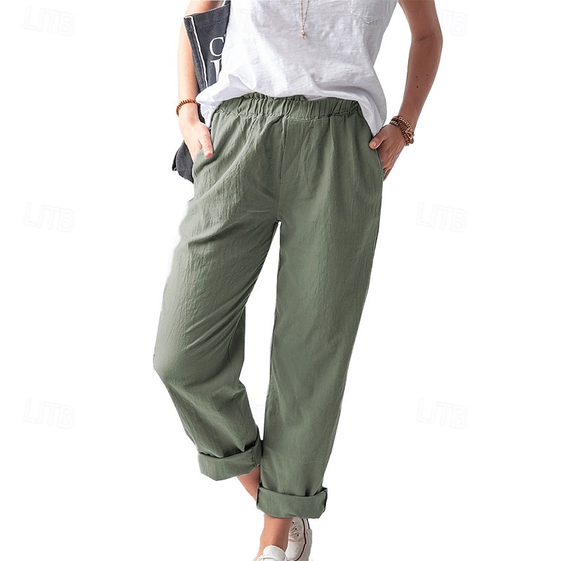 Per donna Pantaloni in cotone e lino Pantaloni Eleganti Casual Lunghezza intera Naturale Semplice Tasca Elastico in vita All'aperto Confortevole Streetwear Uscire Magenta azzurro cielo Grigio Nero del 2025 a $24.99 –P5