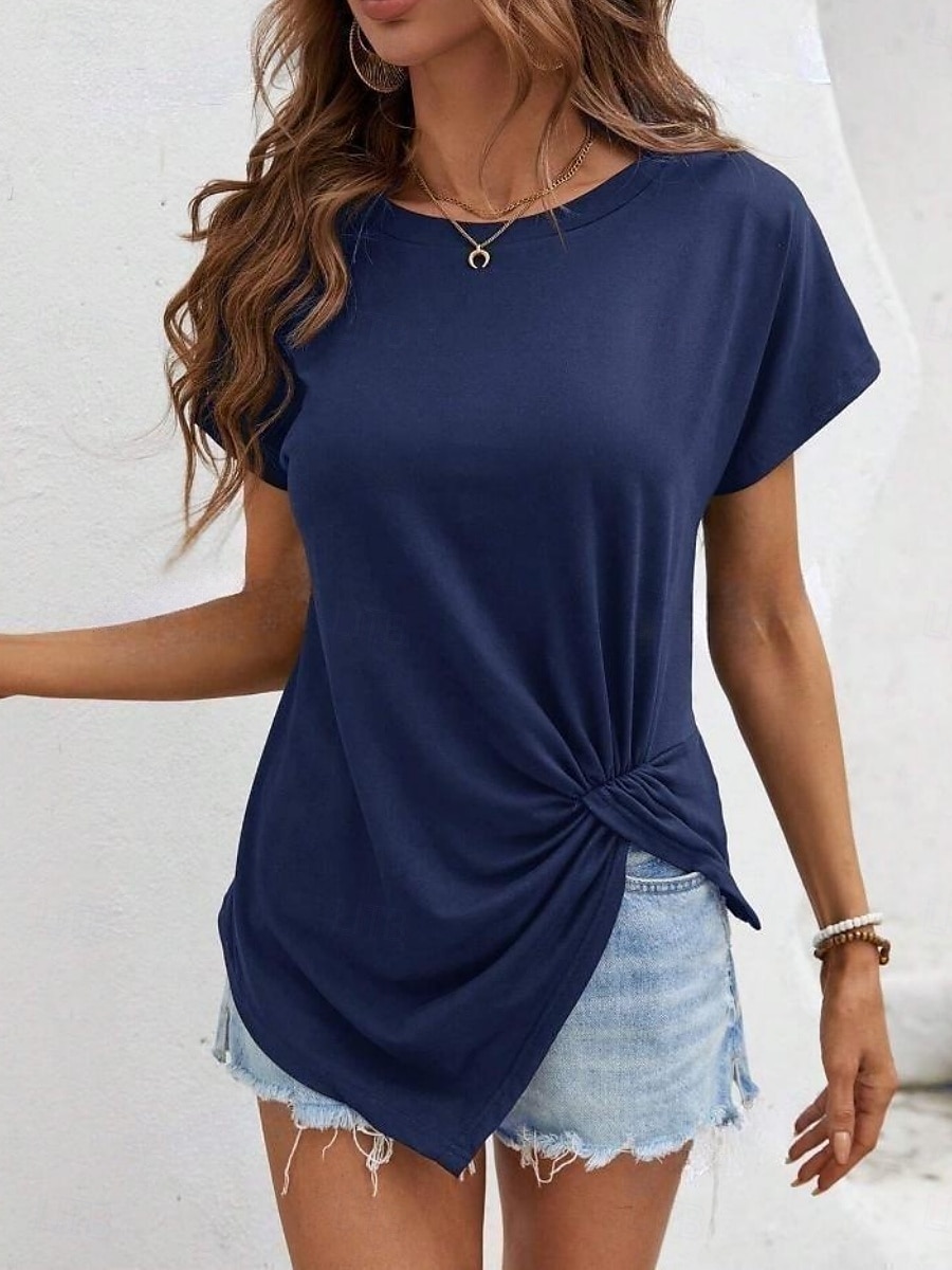 T-shirt femme de couleur unie Uni Mode Classique Décontracté Manches courtes Col rond Hauts réguliers Quotidien Week-end Asymétrique Noir Blanc Vert armée Bleu marine Été de 2025 ? $14.99 –P21