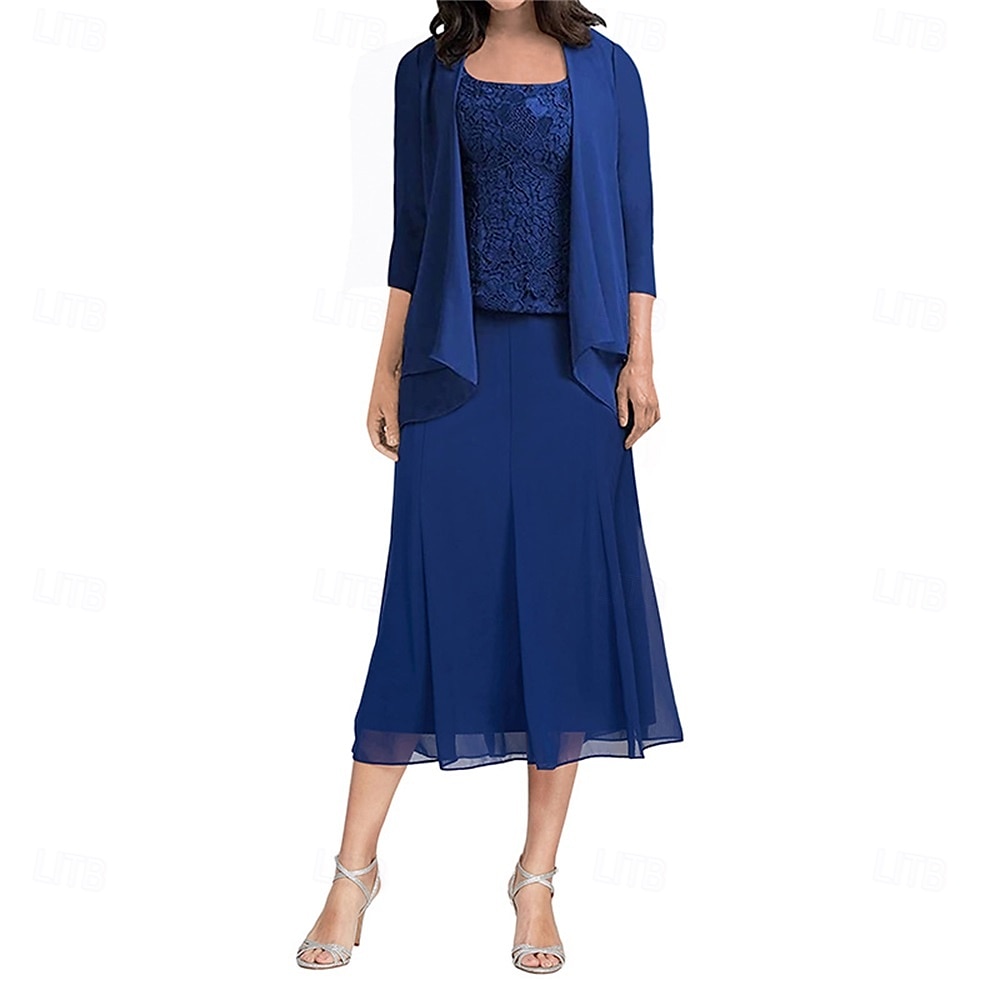 Ensembles de Robes Robe de Mère de Mariée  Élégant Simple Col carré Longueur thé Polyester Manche 3/4 avec Couleur Unie 2025 de 2025 ? $129.99 –P7