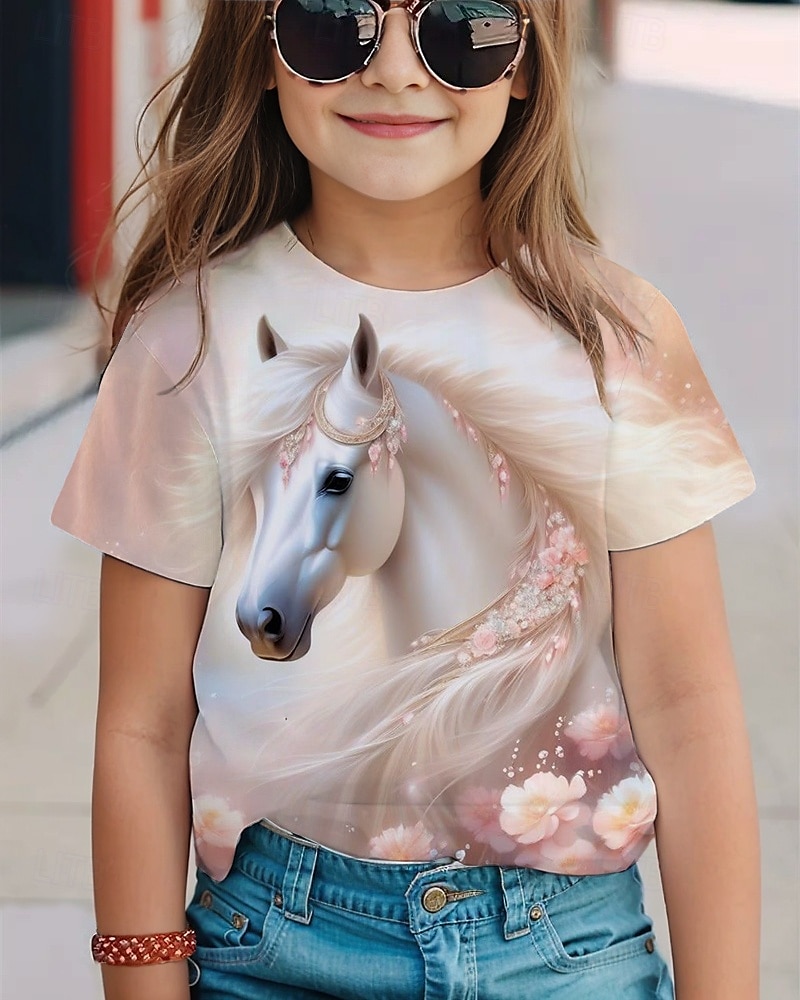 Mädchen 3D Pferd T-Shirt Kurzarm Sommer Frühling Mode Basic Kinder 4-12 Jahre Rundhalsausschnitt Outdoor Lässig Täglich Normale Passform 2025 - $11.99 –P2