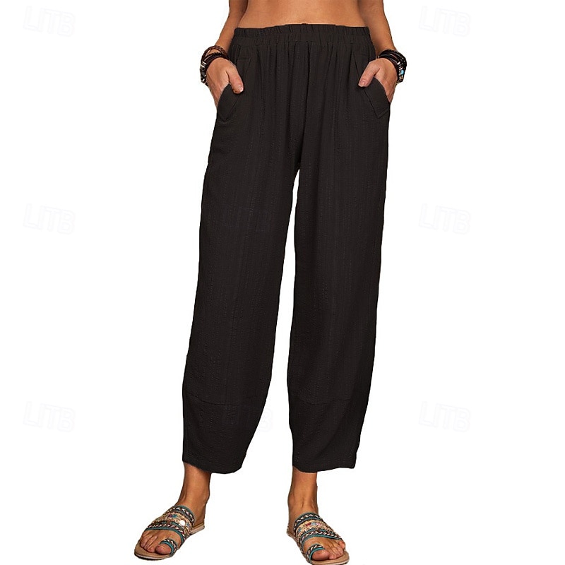 Per donna Pantaloni in cotone e lino Pantaloni Eleganti Streetwear Casual Lunghezza intera Naturale Semplice Tasca Elastico in vita Comodo Confortevole Uscire Weekend Vinaccia Grigio Nero Bianco del 2025 a $24.99 –P10