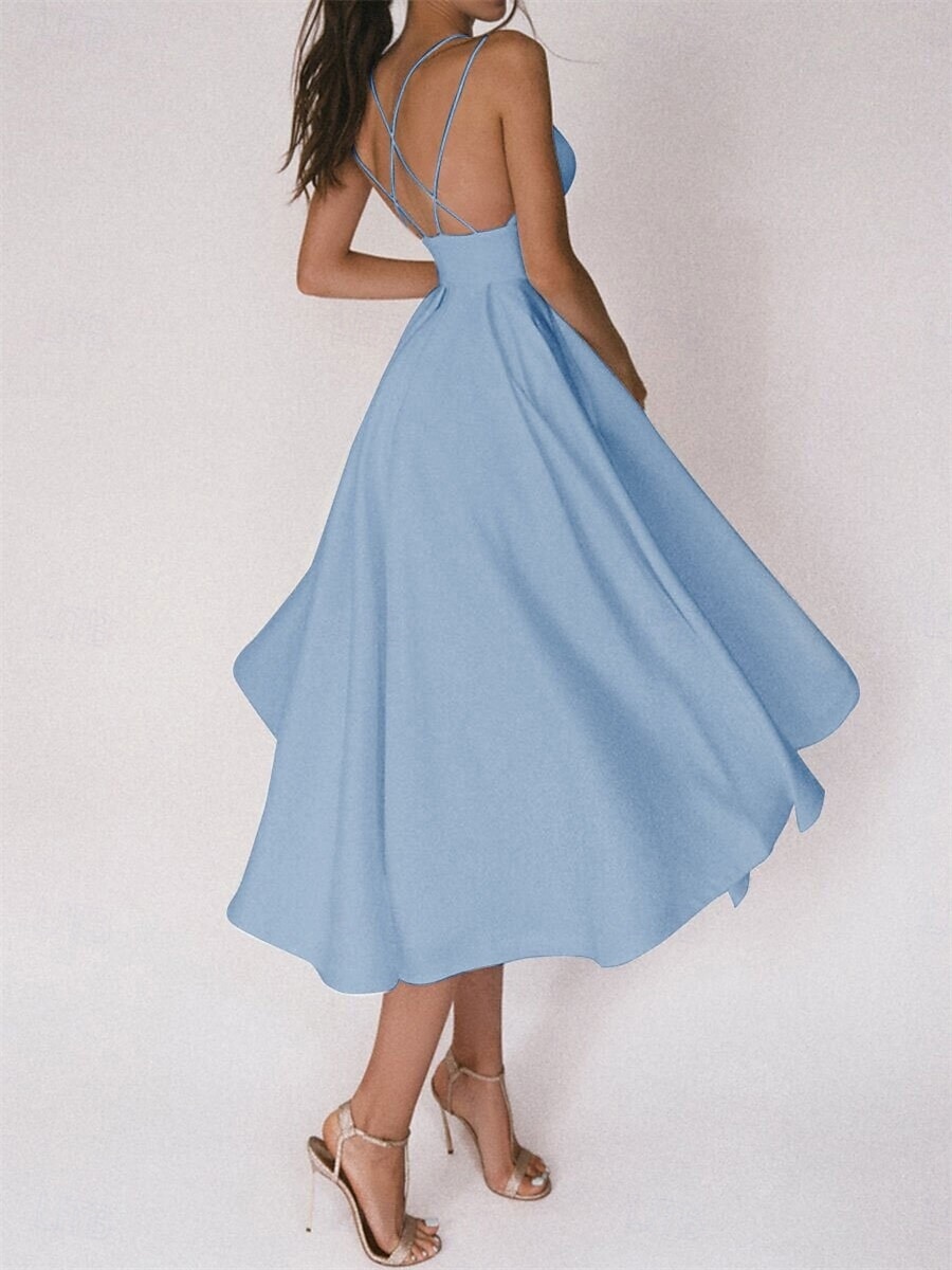 Hochzeitskleider A-Linie V Ausschnitt Ärmellos Tee-Länge Satin Brautkleider Mit Einfarbig 2025 2025 - $79.99 –P11
