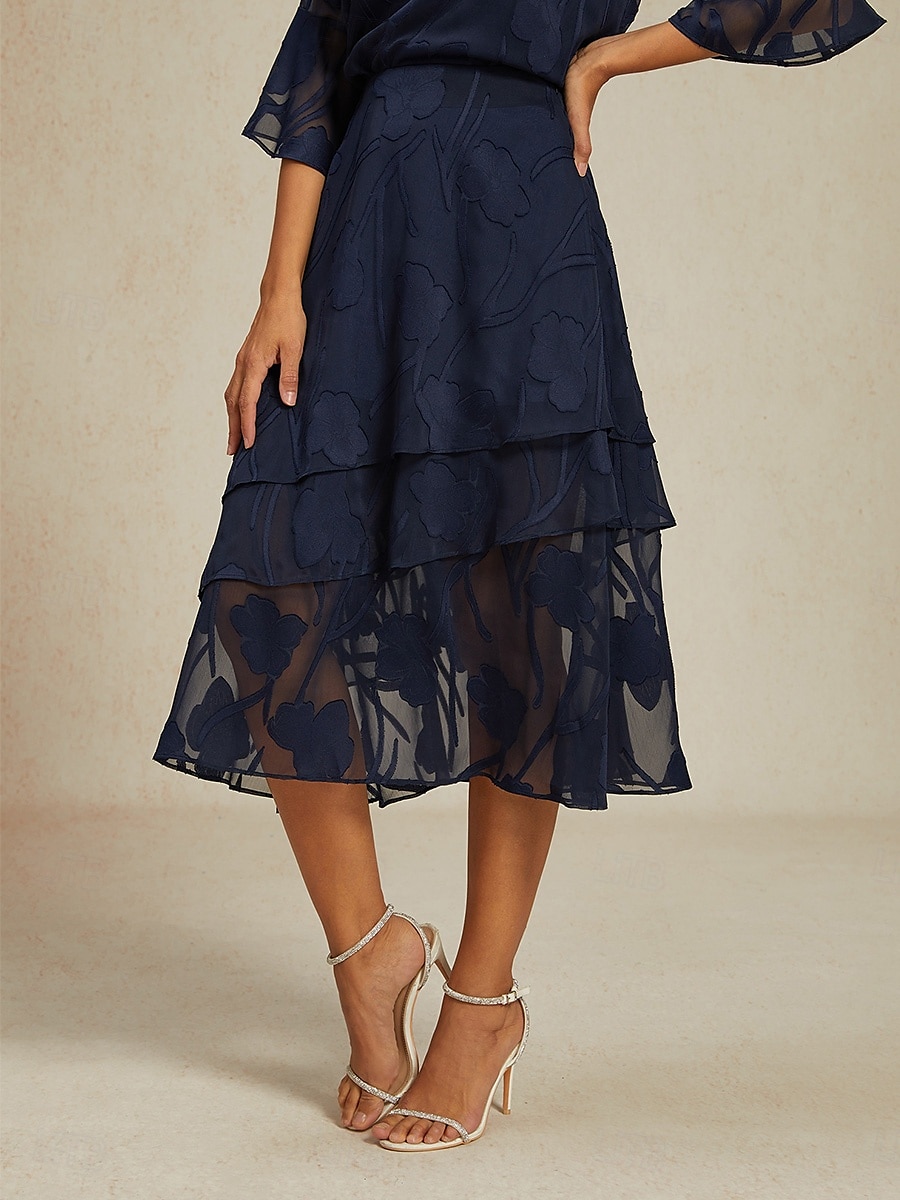Dame الالتفاف Elegant Midi Medium Midje Skjørt Blomster Multi Layer Uelastisk Fest Avslappet Navyblå Sommer Chiffon 2025 - $56.99 –P2