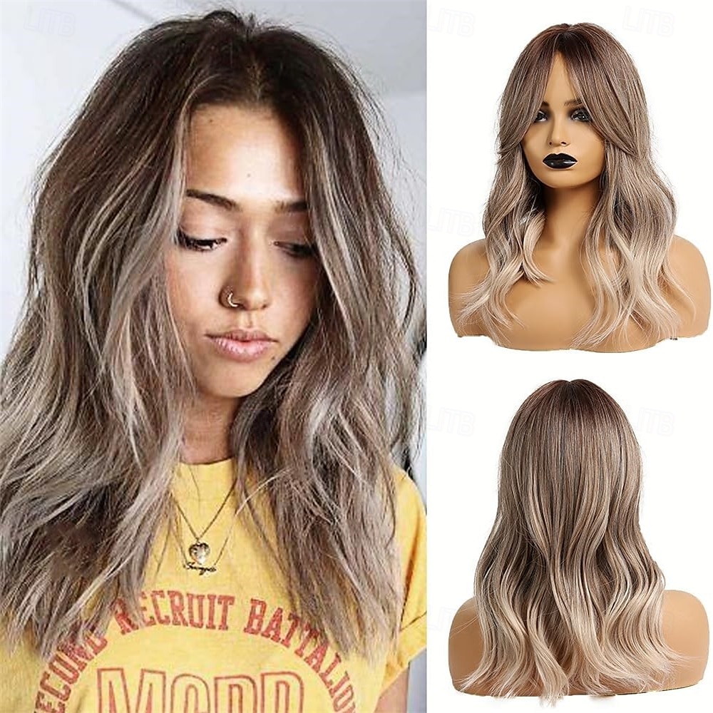Perruque marron ombré pour femme avec frange rideau, cheveux synthétiques bouclés naturels de longueur moyenne, résistants à la chaleur, pour un usage quotidien, pour un cosplay ou une fête de 2025 ? $28.99 –P4