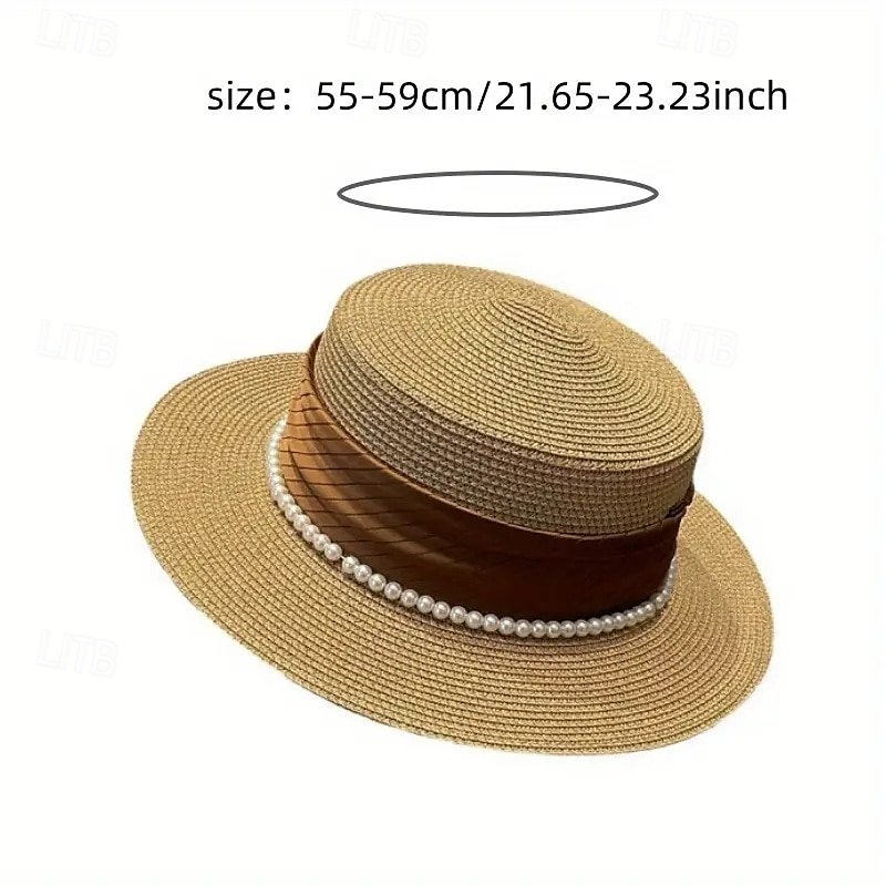 Elegant French Ladies Sun Hat  Natural Grass Weave Pearl Embellishment  Flat Top Design UV Protection Ideal for Beach and Outdoor Use Beach Hat 2025 - $48.99 –P6