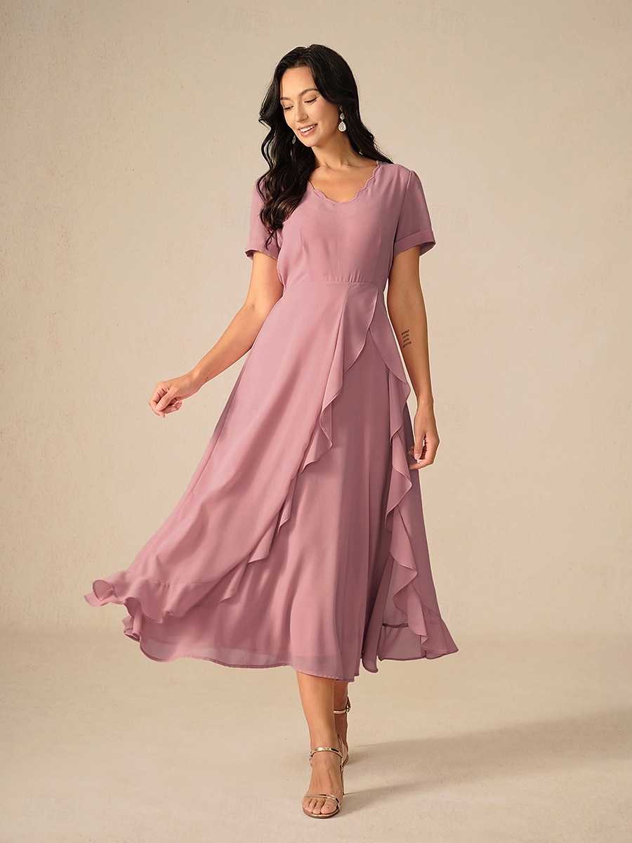 Damen Maxidress A Linie Kleid Elegant Ausgefallene Hochzeit kleid hochzeitsgast Lockere Passform Feste Farbe Kurzarm Asymmetrisch V Ausschnitt Erröten Sie Rosa Sommer Frühling 2025 - $23.59 –P1