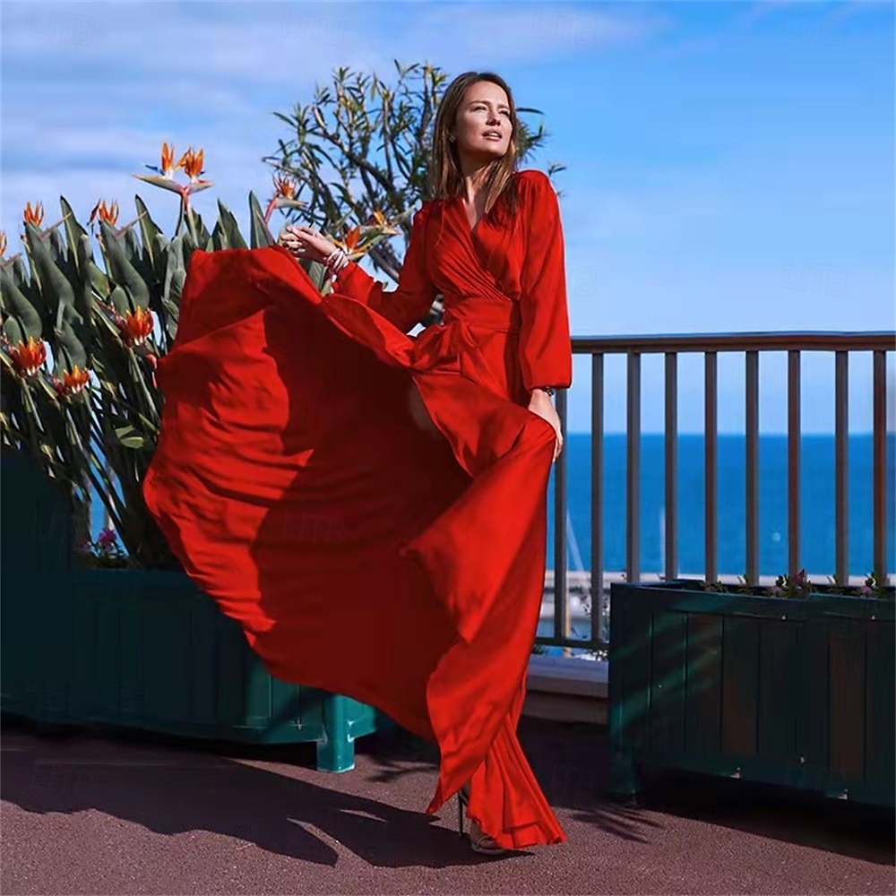 A-linja Juhlamekot Tyylikäs Mekko Häät Häävieras Kokopitkä Pitkähihainen V kaula-aukko Polyester Selästä avoin kanssa Halkio 2025 2025 - $89.99 –P9