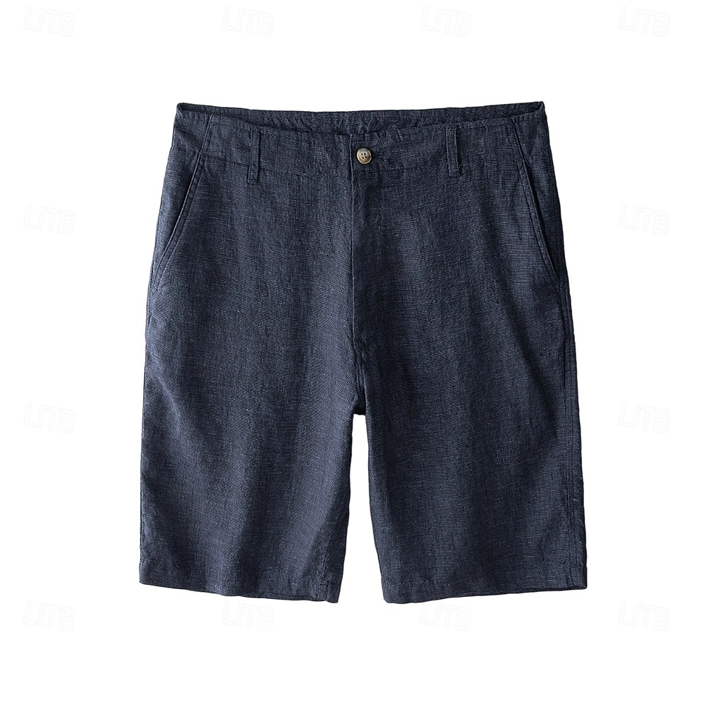 Shorts masculino 100% linho liso na altura do joelho, para escritório, uso diário, férias, estilo étnico, azul escuro, inelástico de 2025 por $44.99 –P2