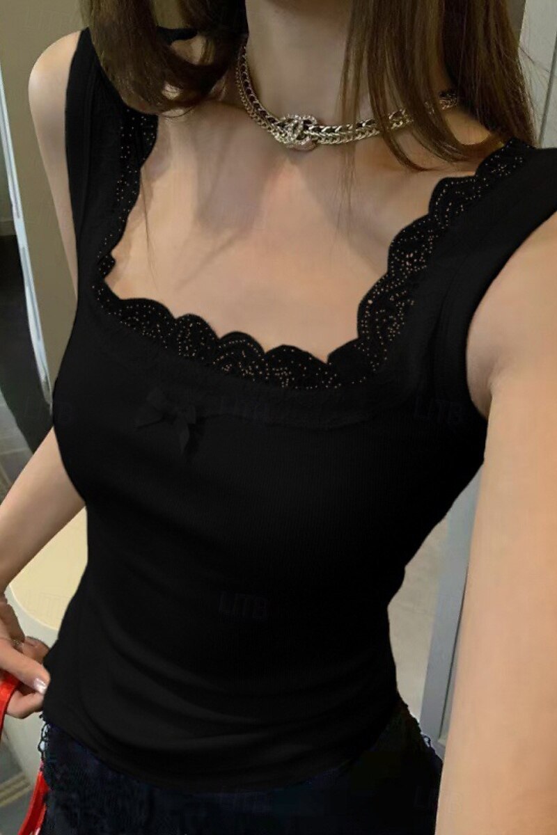 Women's Blouse Lace Tops Plain Modern Sleeveless Square Neck Regular Tops Holiday Going out Lace Black White Summer 2025 - $21.99 –P9