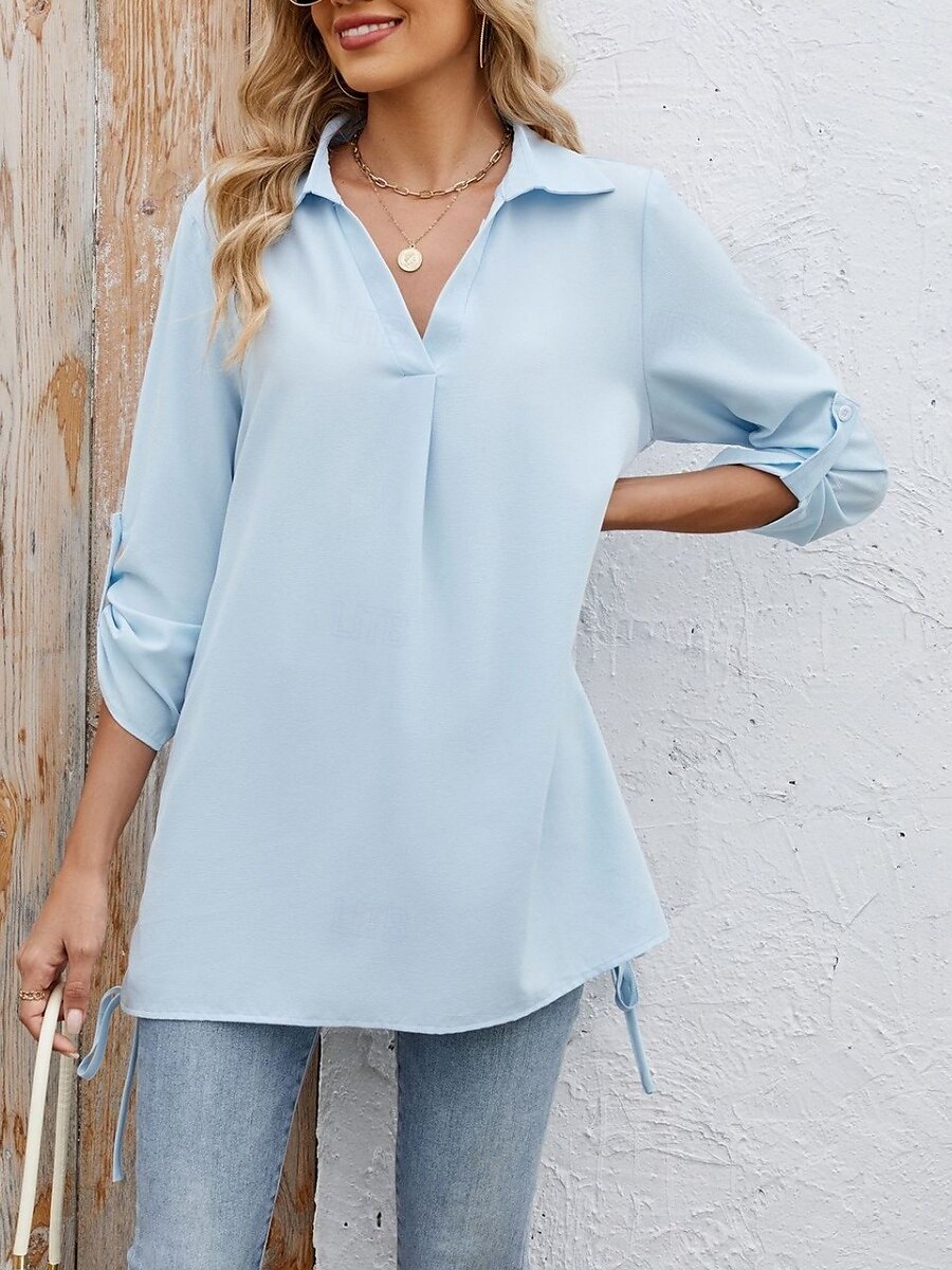 Dames Overhemd Blouse Effen Kleur Stijlvol Casual Lange mouw Overhemdkraag Normale tops Dagelijks Knop Zwart Wit Hemelsblauw Fuchsia Zomer Lente 2025 - $22.99 –P12