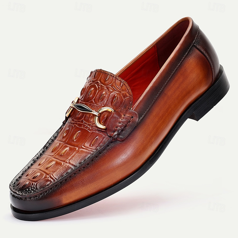Herren-Loafer aus braunem Leder mit Krokodilmuster und goldenen Details – Kentucky-Derby-Schuhe für formelle und halbformelle Anlässe 2025 - $94.99 –P3