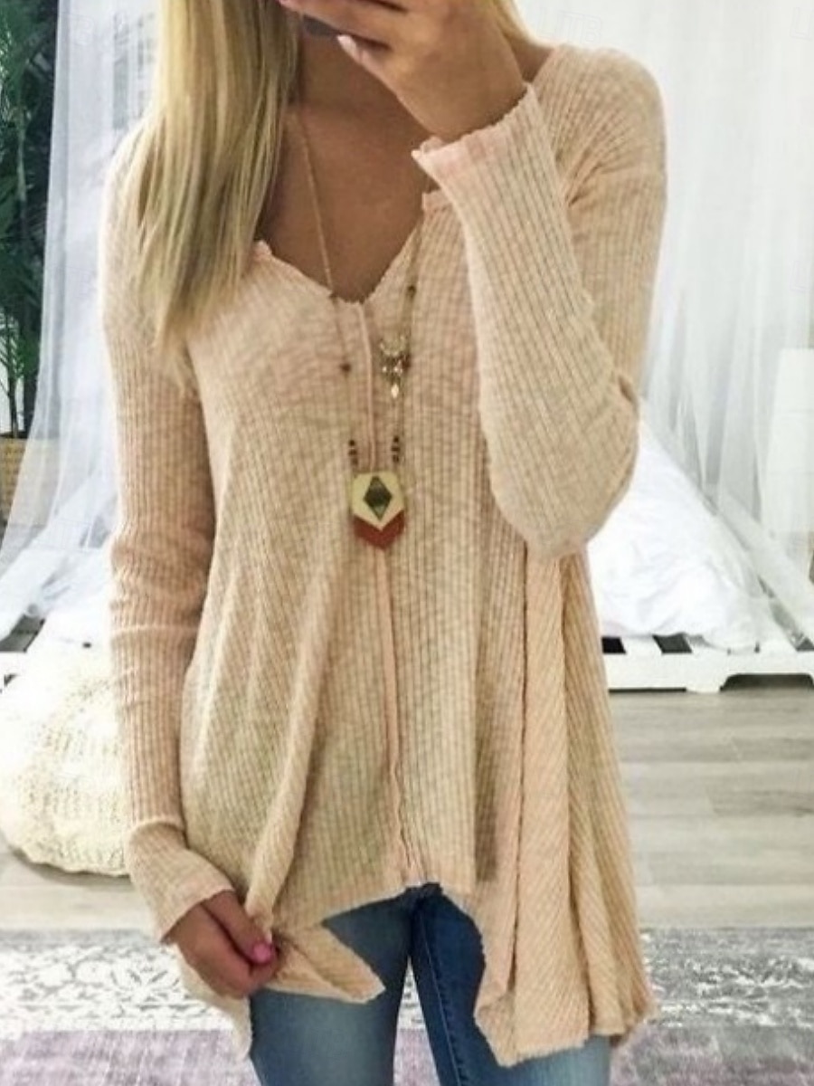 Women's Blouse Solid Color Stylish Casual Long Sleeve V Neck Regular Tops Daily Asymmetric Hem White Pink Khaki Gray Summer Spring 2025 - $16.99 –P5