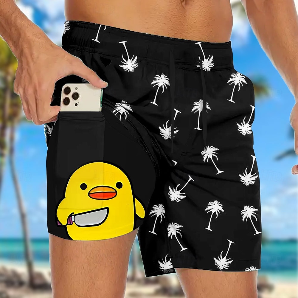 Men's Coconut Tree Funny Duck Lined Shorts 2 in 1 Board Shorts Swim Shorts Mid Waist Hawaiian Vacation Beach Wear Side Pockets With Compression Liner Elastic Drawstring Waist Designer Clothing Apparel 2025 - $21.99 –P1