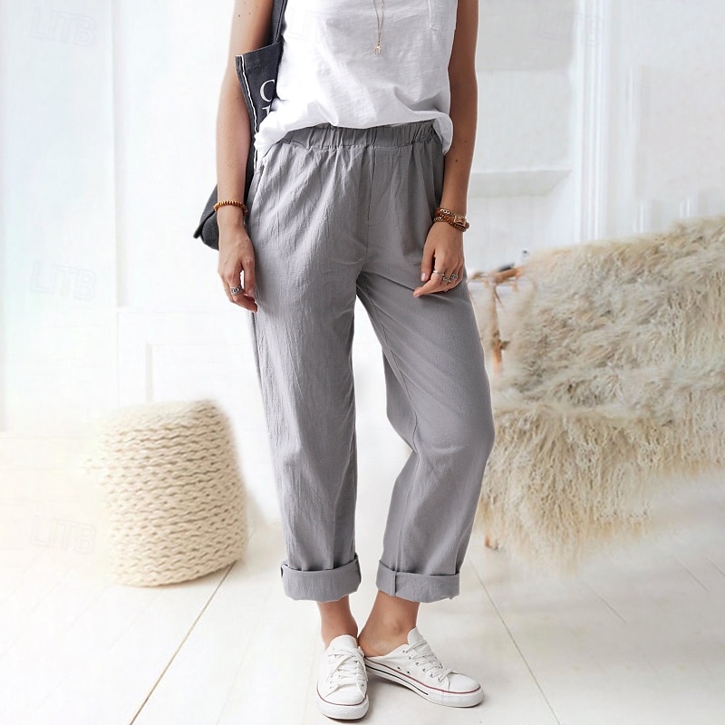 Per donna Pantaloni in cotone e lino Pantaloni Eleganti Casual Lunghezza intera Naturale Semplice Tasca Elastico in vita All'aperto Confortevole Streetwear Uscire Magenta azzurro cielo Grigio Nero del 2025 a $24.99 –P12