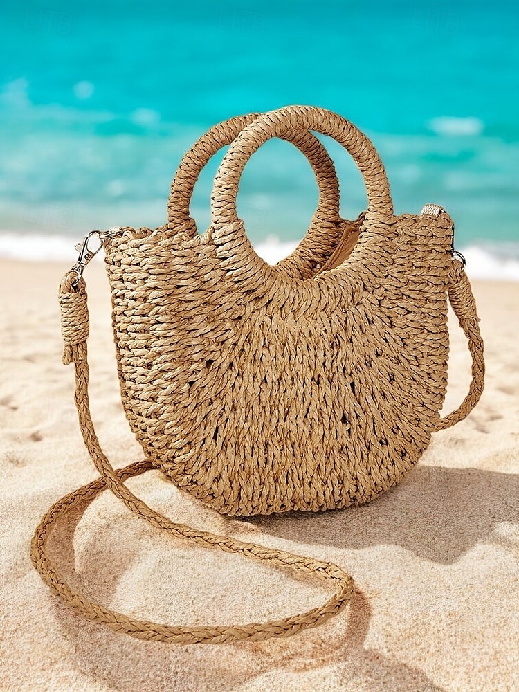 női szalmából szőtt strandtáska kerek fogantyúval és hosszú pánttal – boho nyári kézitáska nyaraláshoz, utazáshoz és hétköznapi ruhákhoz rózsaszín narancssárga barna 2025 - $18.99 –P9