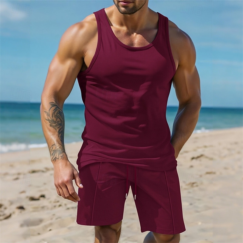 Hombre Tanque Chaleco Trajes de camiseta Trajes de 2 piezas Sin Mangas Cuello Barco Verano Plano Moda Casual 2 Piezas Vacaciones Ropa Cotidiana Noche Blanco Vino Verde Oscuro Camiseta superior para 2025 - $28.99 –P10