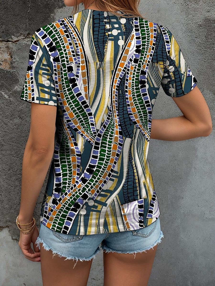 Femmes T-shirt Graphique Géométrique Abstrait ancien Élégant Classique Manche Courte Col en V Hauts Réguliers Quotidien Sortir Week-end Imprimé Jaune Rouge Bleu Vert Été Printemps de 2025 ? $19.99 –P2