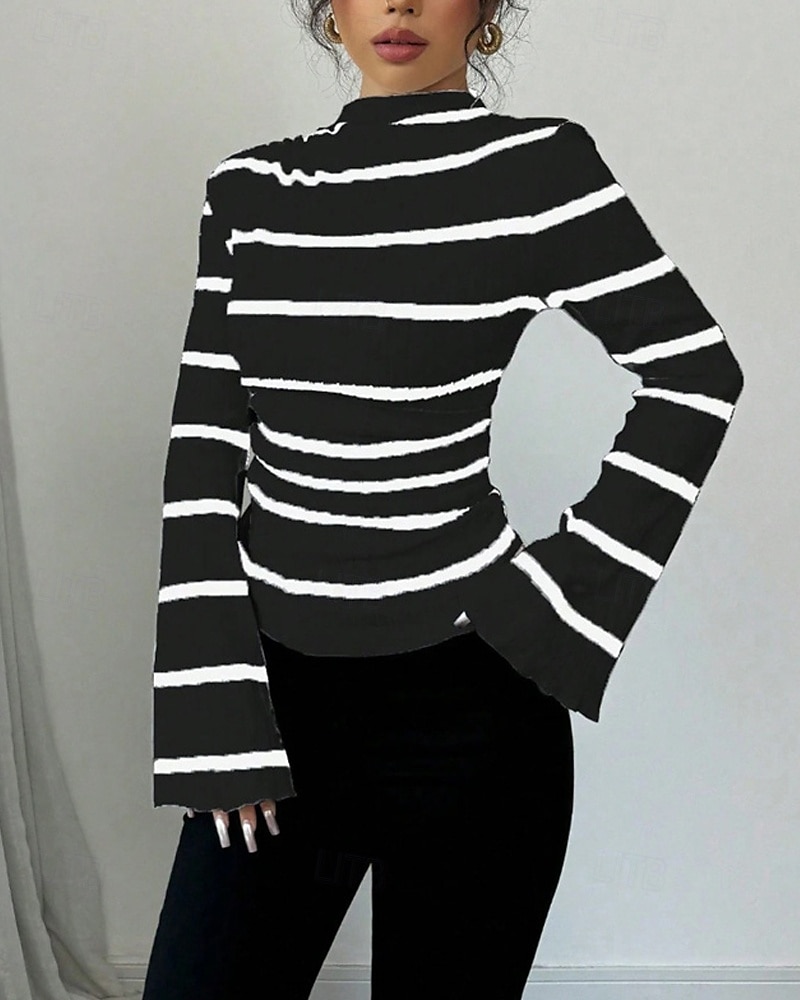 Femmes T-shirt Rayé Mode Moderne manche longue Col haut Hauts Réguliers Quotidien Sortir Noir Blanche Été Printemps de 2025 ? $19.99 –P9