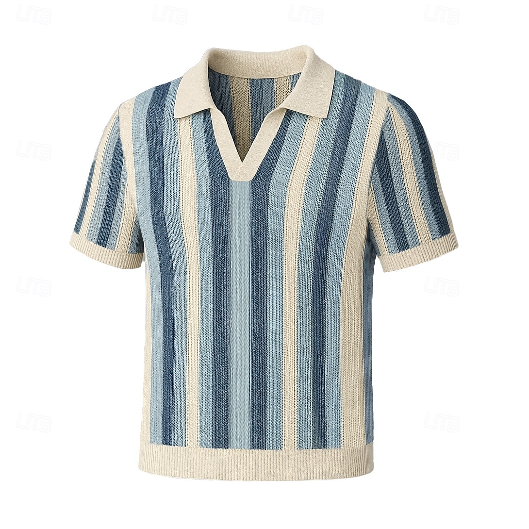 Herren Geschäft Lässig V Ausschnitt Klassisch Kurzarm Vintage Mode Farbblock Vertikale Streifen Patchwork Sommer Frühling Herbst Beige 2026 - $37.99 –P2