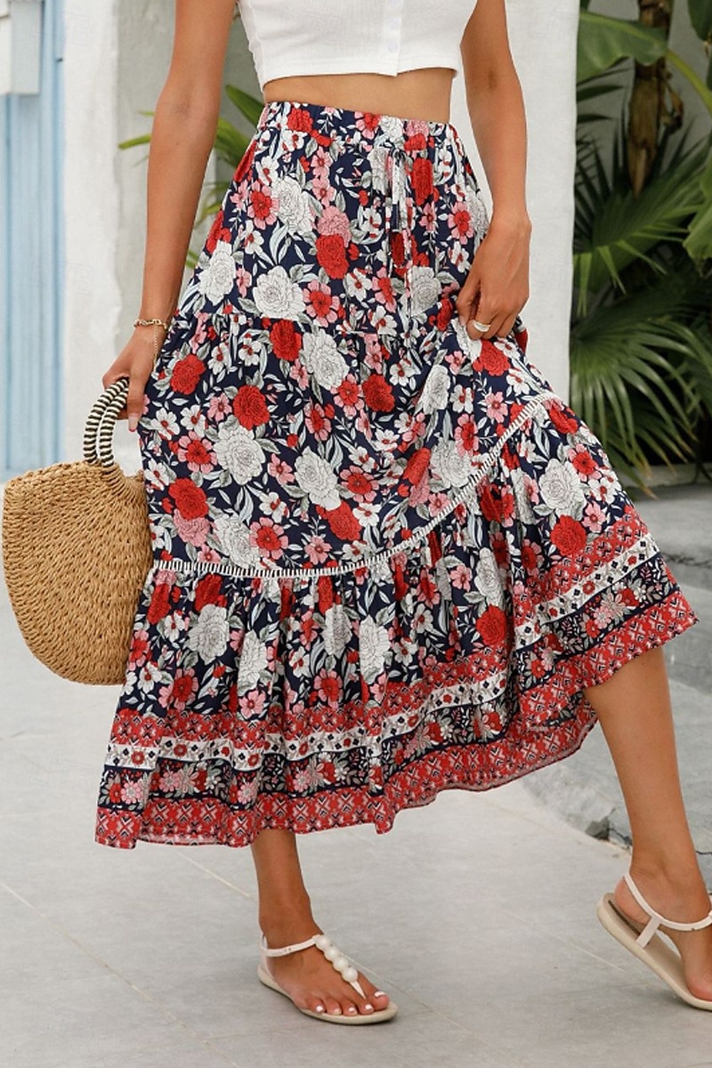 Pentru femei Fustă Boemia Casual Boho Maxi Talie Medie Fuste Floral Imprimeu Micro-elastic Vacanță Stradă Migdală Roșu-aprins Albastru piscină Portocaliu Vară Celofibră 2025 - $21.99 –P15