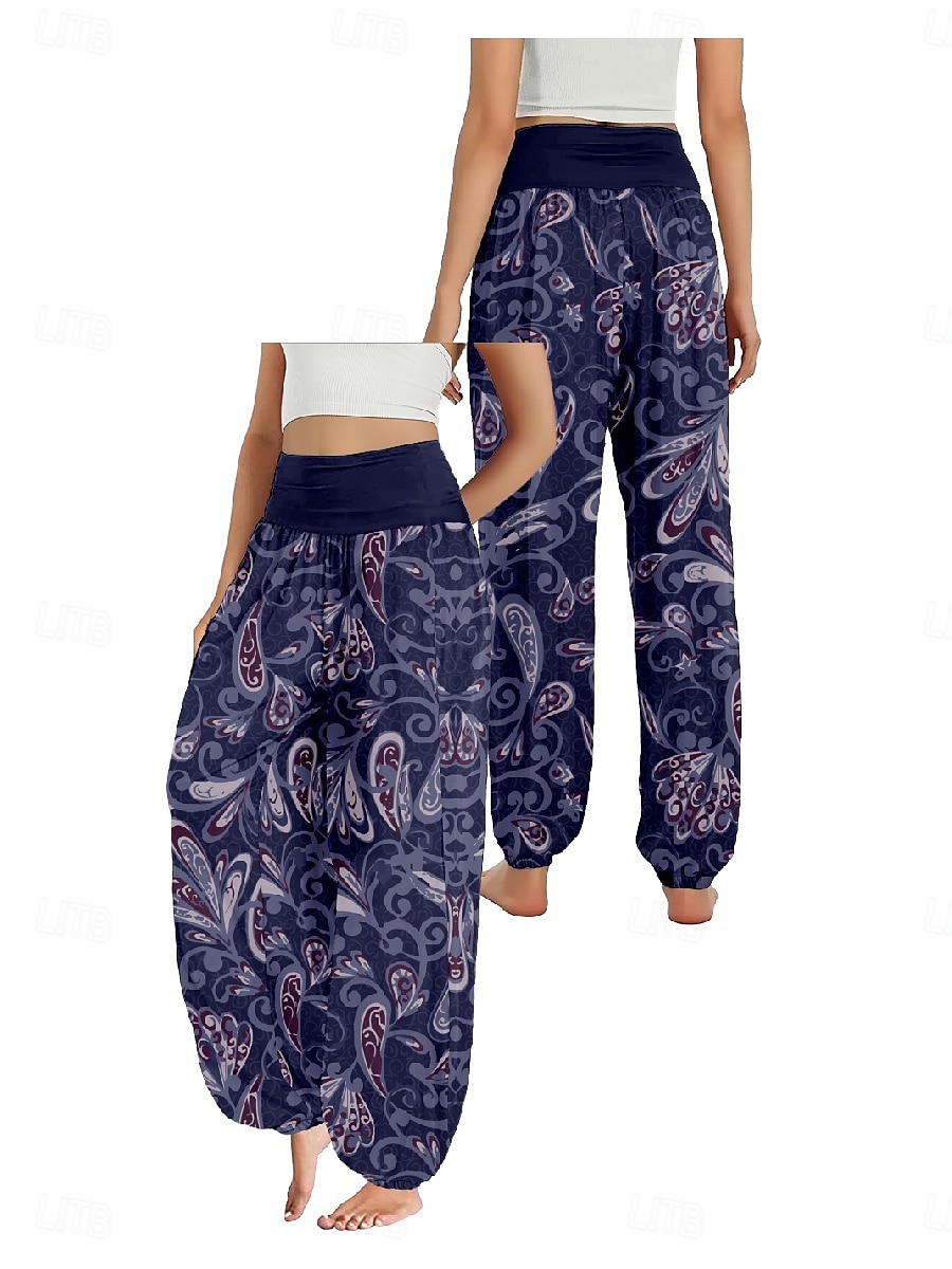Dam Linneinspirerade byxor Brett skaft Byxor Etnisk Stil Ledigt Boho Fullängd Hög midja Blommig Löv Tropisk Ficka Elastisk midja Tryck Mateial som andas Mjuk Microelastisk Utomhus Yoga Svart Mörklila 2025 - $21.99 –P6