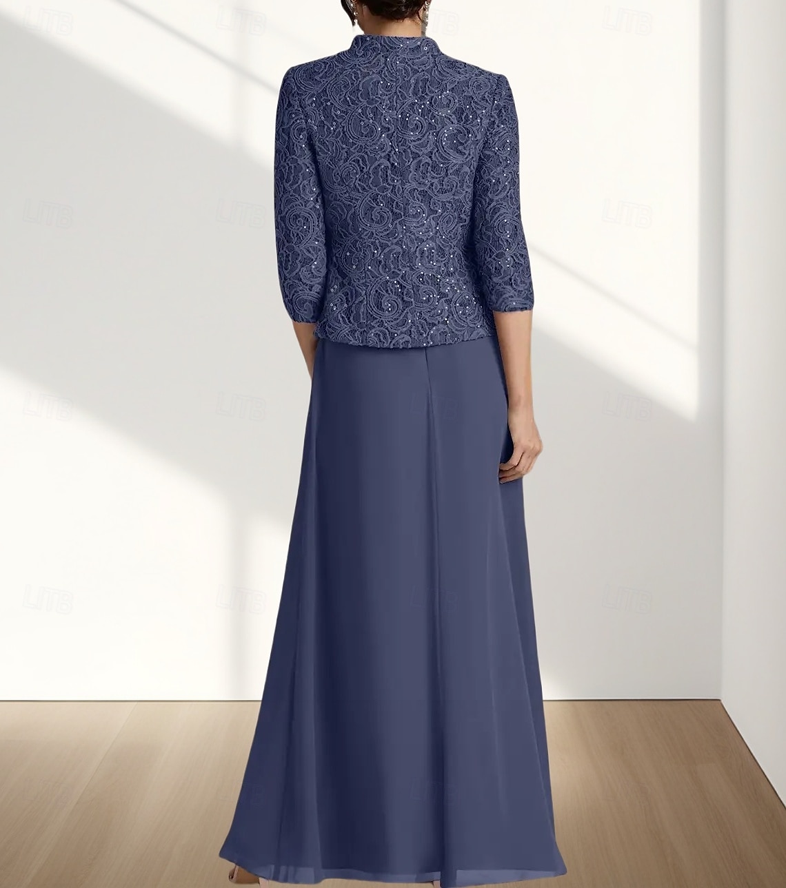 Due Pezzi Linea ad A Abito da cerimonia per signora Ospite di nozze Elegante Collo quadrato Lunghezza al pavimento Chiffon Pizzo Manica 3/4 con Pizzo 2025 del 2025 a $188.99 –P2