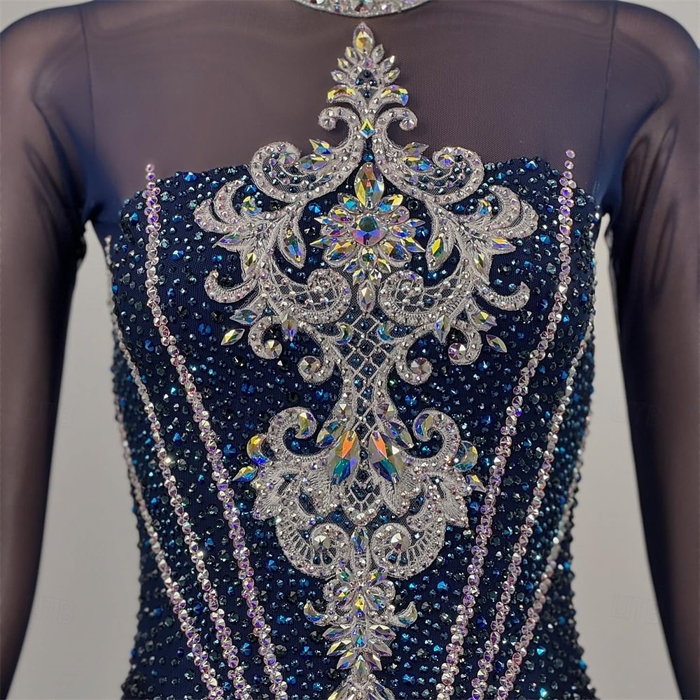 Kunstschaatsjurk Dames Voor meisjes Schaatsen Jurken Donker Marineblauw Duimopening Open achterkant Netstof Hoge Elasticiteit Opleiding Wedstrijd Kunstschaatskleding Klassiek Kristal / Bergkristal 2025 - GBP £194 –P4
