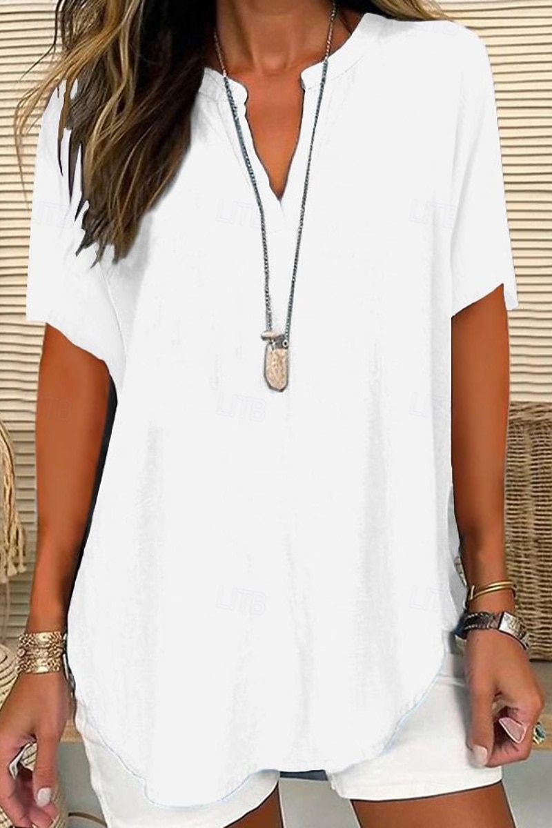 Per donna Camicia Blusa Camicie di cotone e lino Semplice Essenziale Casual Manica Corta Scollo a V Top Regolari Quotidiano Ferie Orlo asimmetrico Nero Bianco Blu Viola Estate del 2025 a $25.99 –P1