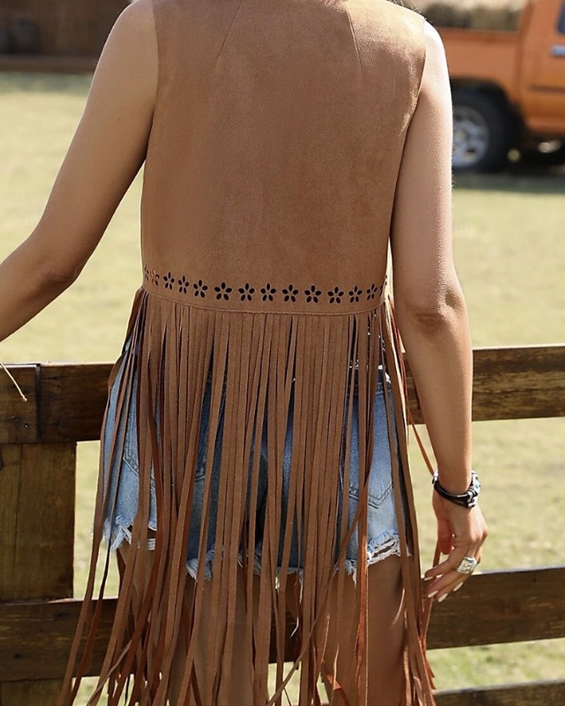Women's Blouse Plain Modern Boho Sleeveless Crew Neck Long Tops Daily Holiday Fringe Black Brown Summer 2025 - $21.99 –P4