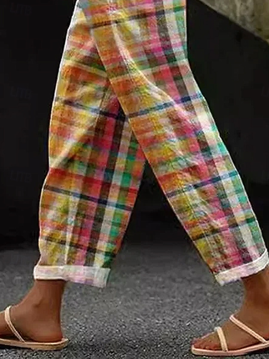 Women's Cotton Linen Pants Baggy Pants Linen Like Beach Shorts Vacation Vintage Fashion Full Length High Waist Graphic Geometric Plaid Printing Breathable Soft Micro-elastic Vacation Causal 2026 - $49.99 –P3