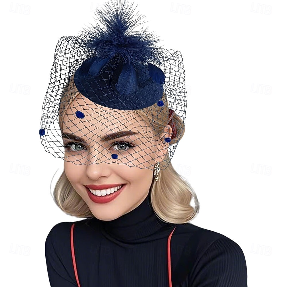 Women\'s British Style Pillbox Church Derby Wedding Winter Vintage Veil Hat Blue 7881 British Style Pillbox Hat Women Church Derby Wedding  main image 2