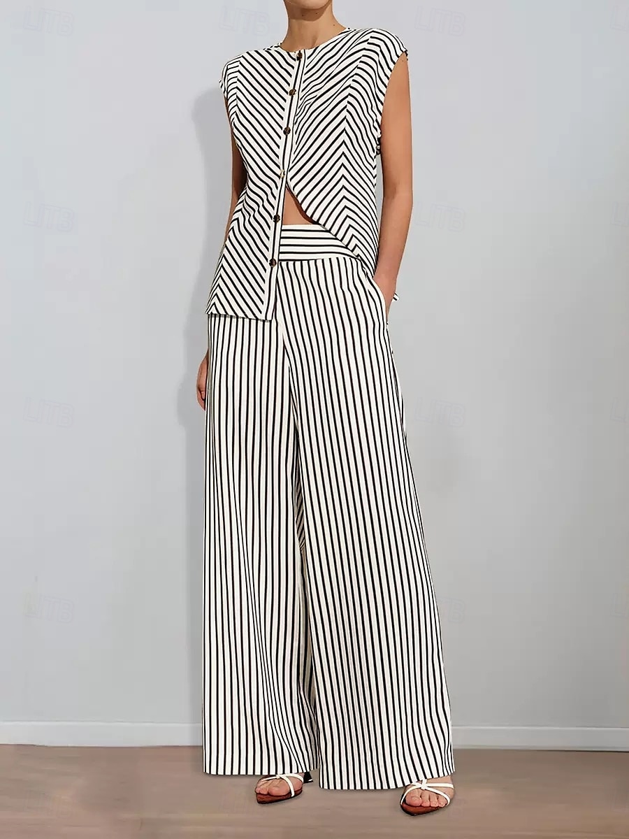 Striped Print Two Piece Pantsuit Mother of the Bride Pantsuit Classic Simple Minimalist Crew Neck Floor Length Metal Buttons Sleeveless with Sash / Ribbon 2025 - $179.99 –P2