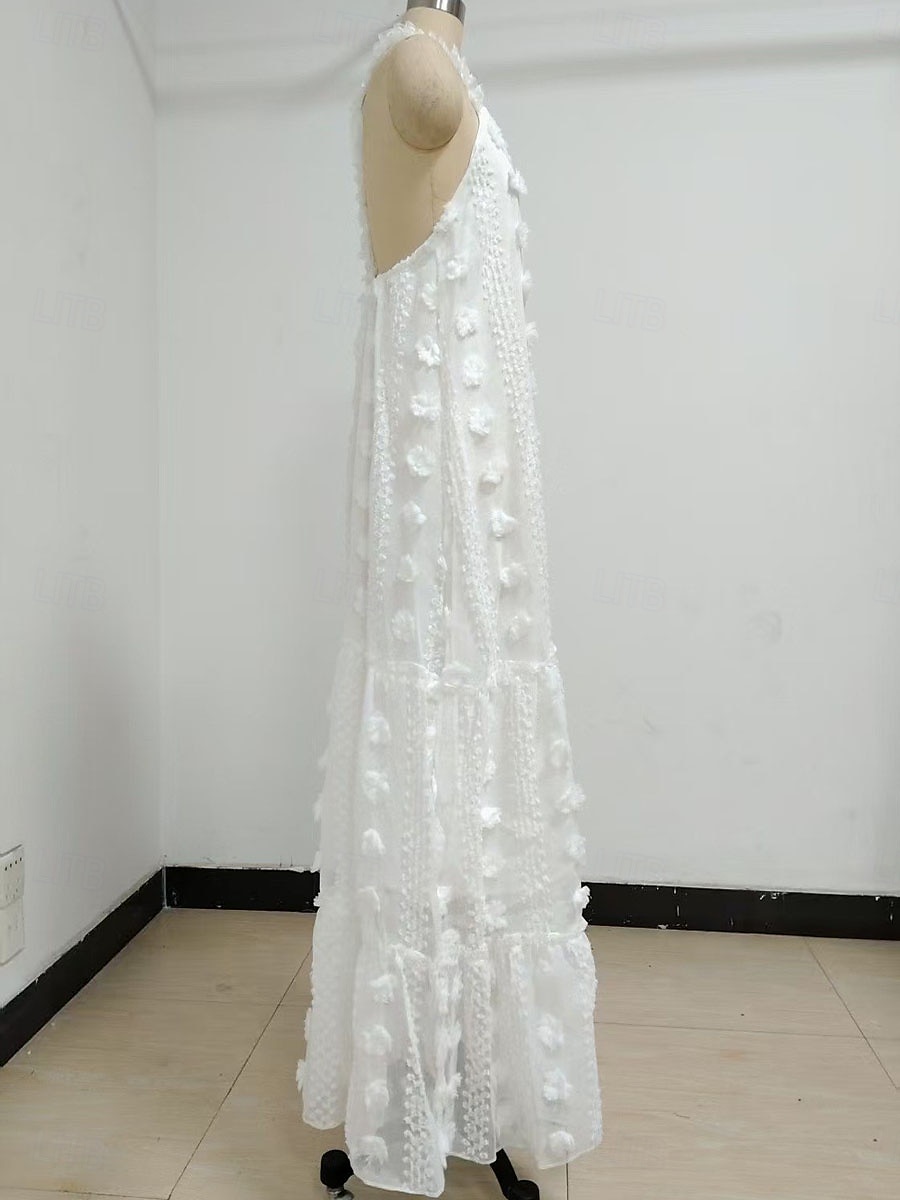 Dame Lang kjole Maxikjole Hvit kjole Solkjole Halter Neck kjole Elegant Mote Romantikk Ferie Ut på byen Strand Løstsittende Blomsternål i krystall Ren farge Ermeløs Dyp V Hvit Blå Sommer 2025 - $32.99 –P5