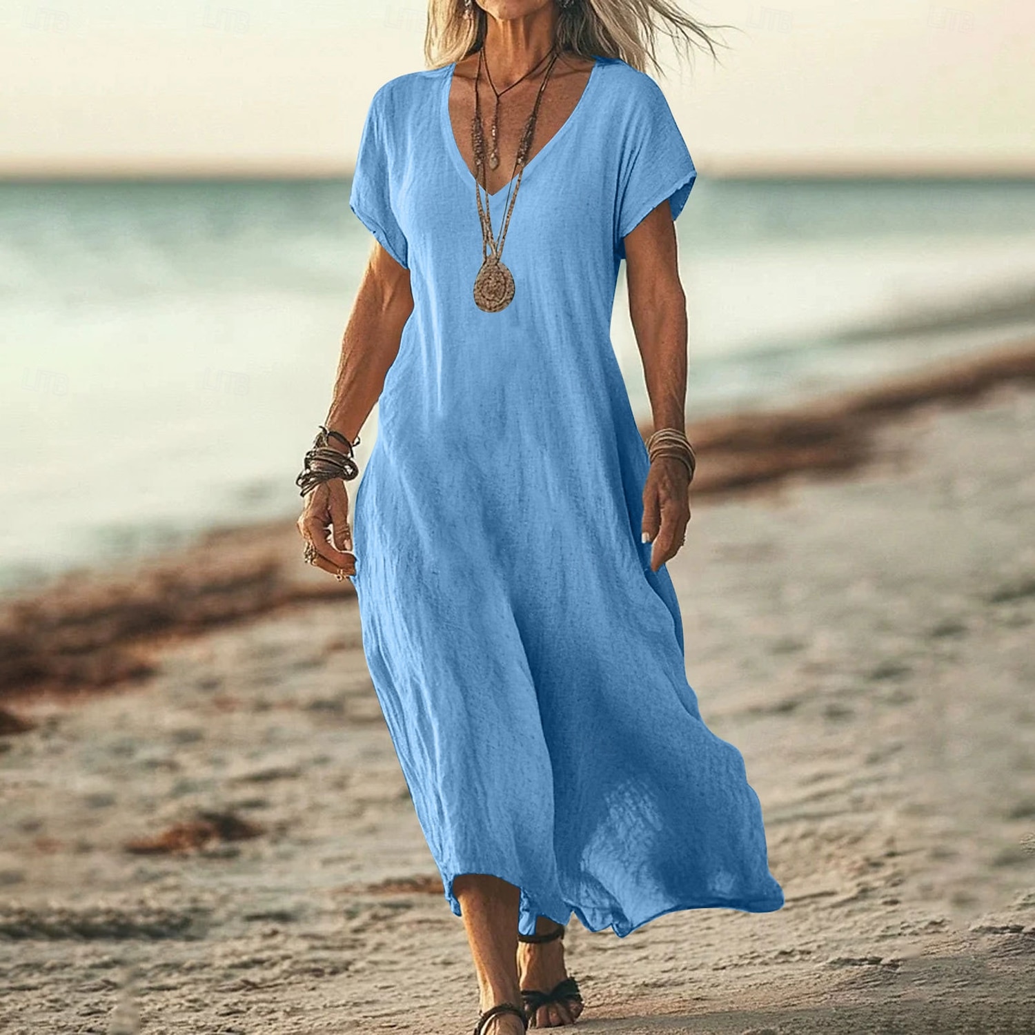 Robe midi féminine robe d'été décontractée quotidienne vacances plage ajustement régulier lin-like unie à manches courtes col en V blanc rose bleu vert été de 2025 ? $26.99 –P3