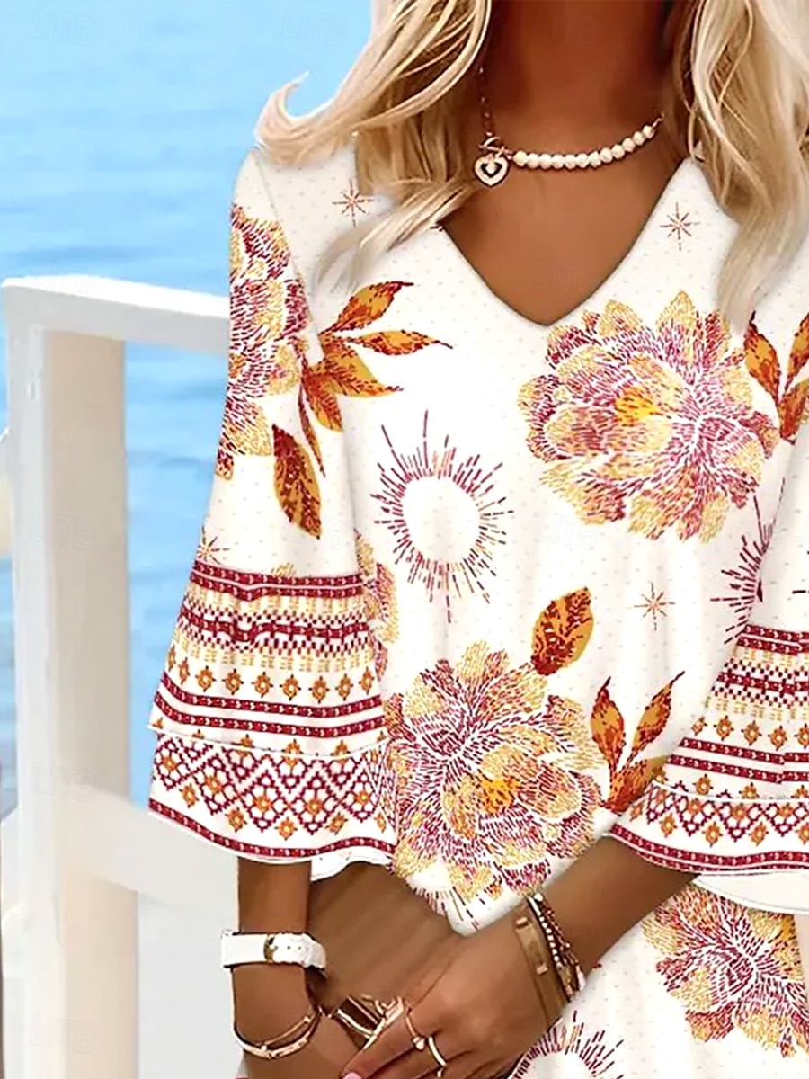 Pentru femei Rochie Mini Rochie de Vară Rochie A line Vacanță Casual Boho Plajă Fit regulat Floral Grafic Lungime Manșon 3/4 În V Portocaliu Vară Primăvară 2025 - $46.99 –P2