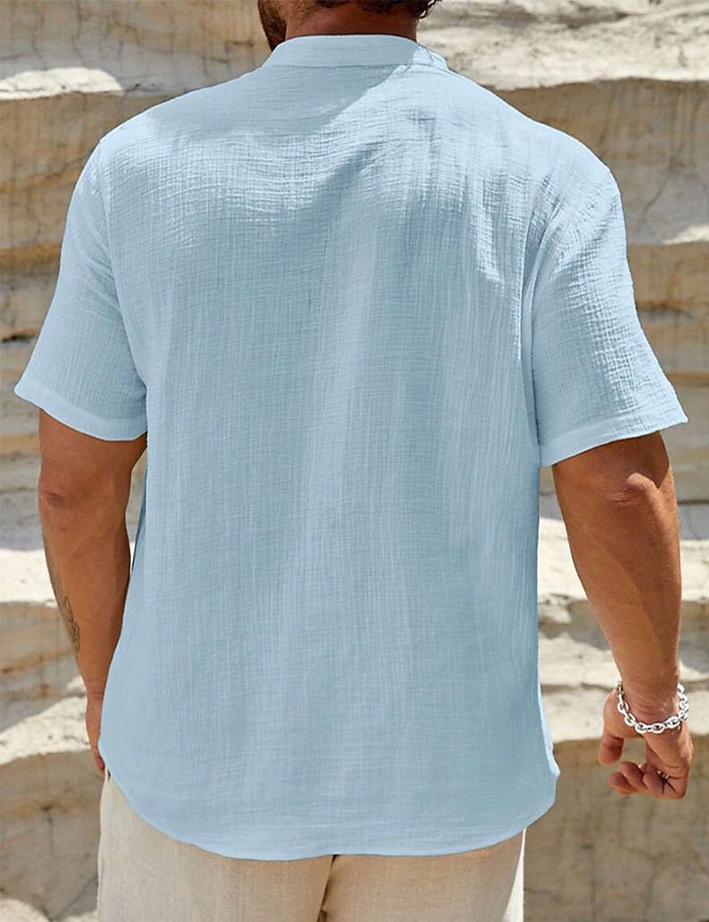 Men's Shirt Linen Shirt Popover Shirt Summer Shirt Beach Wear Henley Shirt Solid Color Vacation Dailywear White Sky Blue Short Sleeve Stand Collar Summer Spring Clothing Apparel 2026 - $25.99 –P2