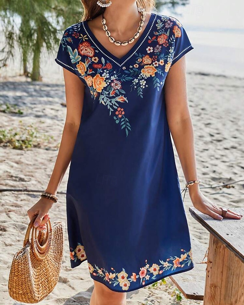 Damen Minikleid Sommerkleid Boho-Kleid Mode Modern Täglich Strand Wochenende Normale Passform Blumen Kurzarm Rundhalsausschnitt Blau Sommer 2025 - $21.99 –P3
