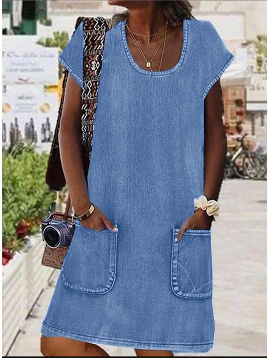 Femmes Mini Robe Robe Décontractée Robe en coton et lin Robe d'été Basique Moderne Quotidien Week-end Coupe régulière Uni Manche Courte Col en U Bleu Roi Été de 2025 ? $22.99 –P1