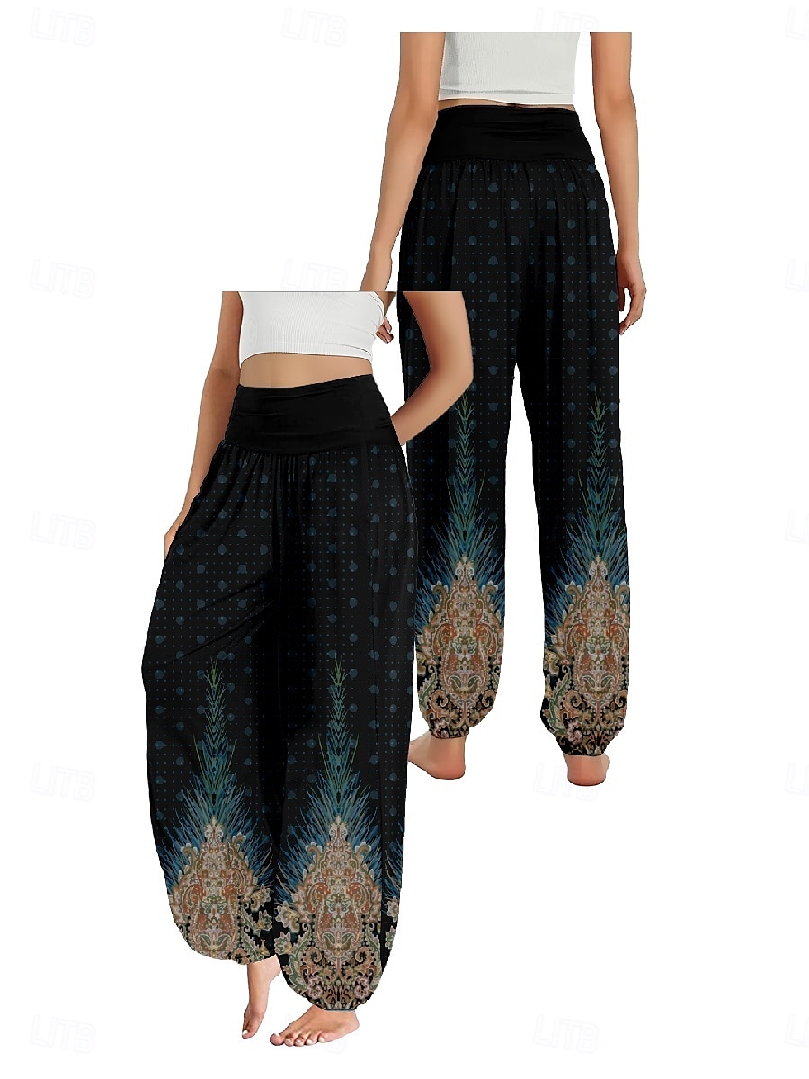Dam Linneinspirerade byxor Brett skaft Byxor Etnisk Stil Ledigt Boho Fullängd Hög midja Grafiska tryck Ficka Elastisk midja Tryck Mateial som andas Mjuk Microelastisk Utomhus Yoga Svart Blå Purpur 2025 - $21.99 –P9