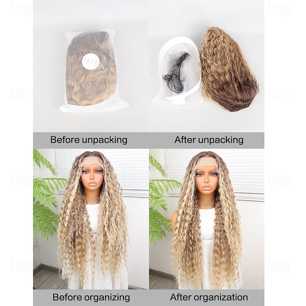 Synthetic Lace Wig Deep Curly Style 32 inch Multi-color Middle Part 13x4x1 T Part Lace Front Wig Women's Wig Light golden 2025 - $74.99 –P8