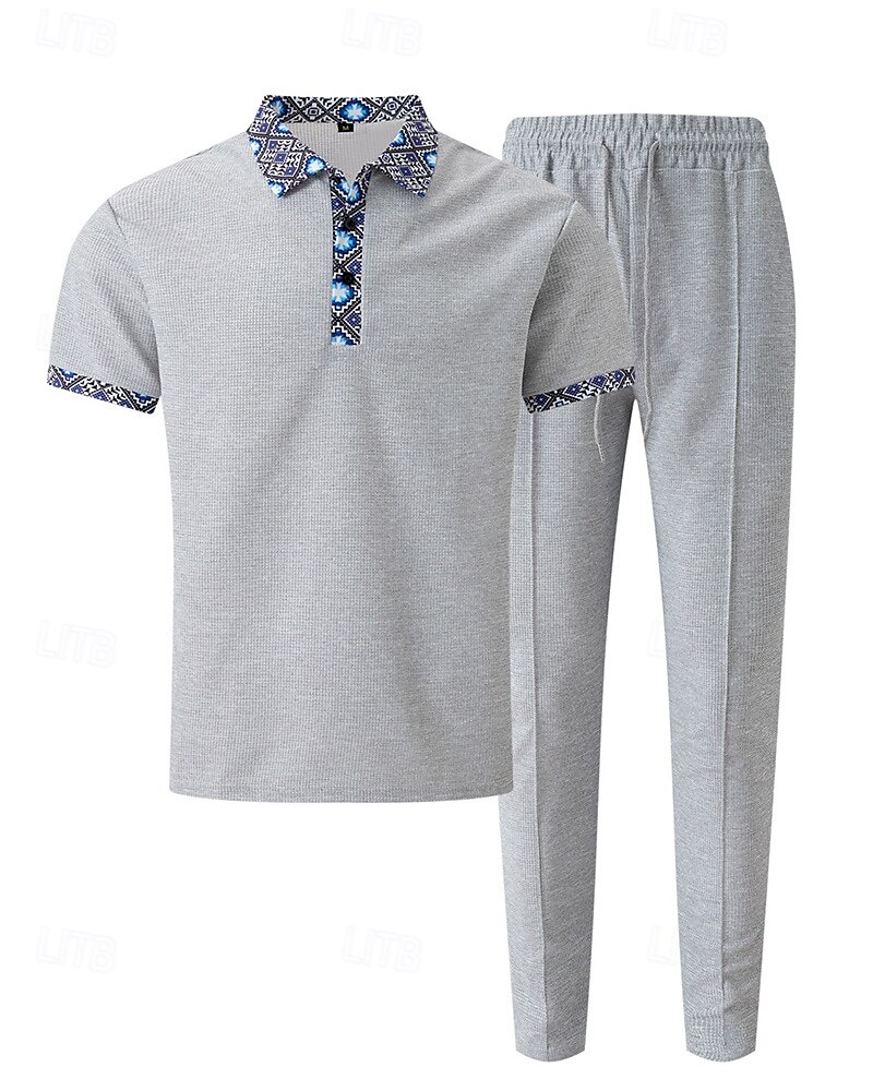 Voor heren Wafel Shirt T-shirt past Shirt- en broeksets 2 stuks outfits Korte mouw Revers Zomer Kleurenblok Modieus Casual Lapwerk 2-stuks Vakantie Alledaagse kleding Uitgaan Zwart Wit Koningsblauw 2025 - $40.99 –P15