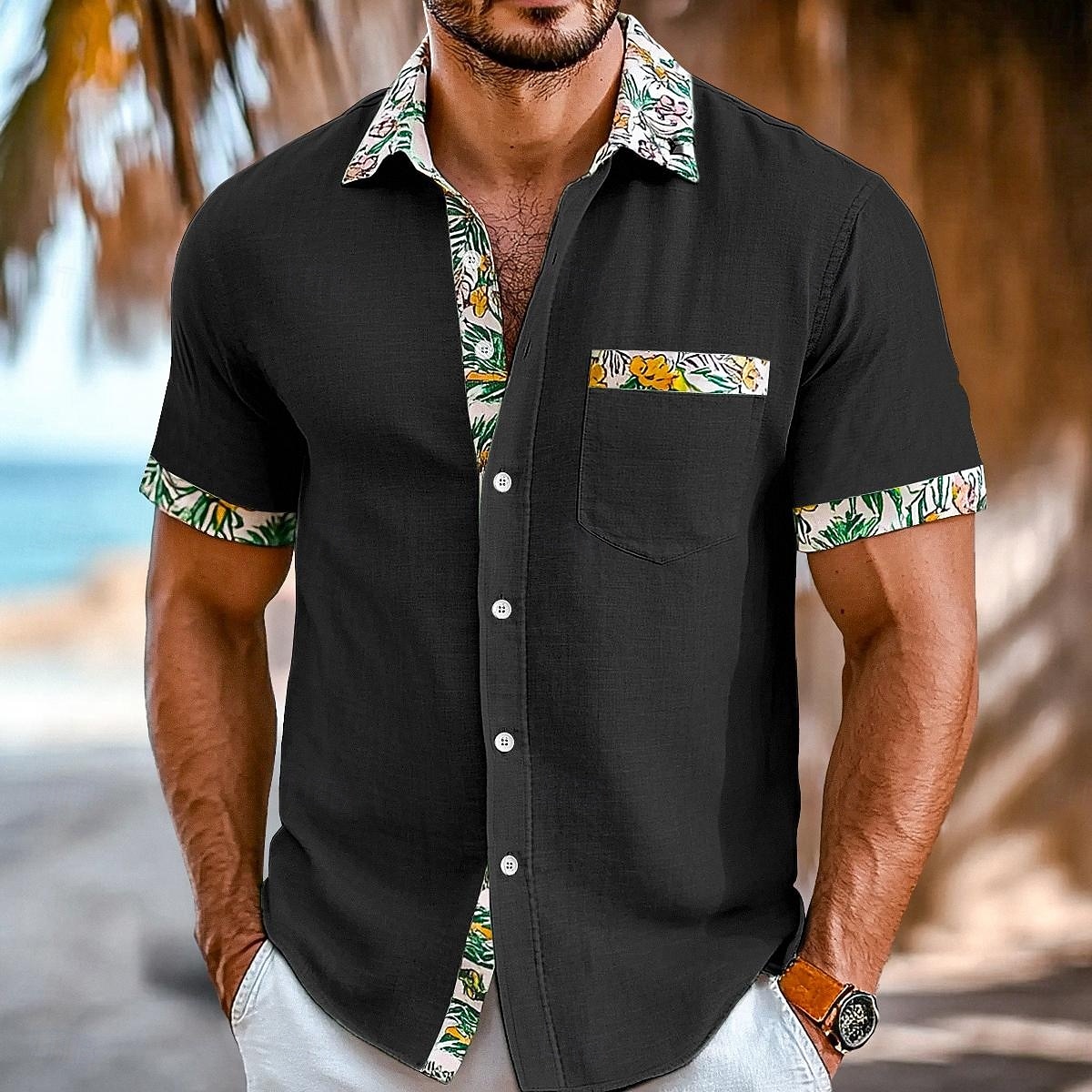 Муж. Рубашка Льняная рубашка Летняя рубашка Одежда для пляжа Кнопка рубашка Сплошной цвет Повседневные Пляж Черный Белый Розовый Зеленый С короткими рукавами Воротничок Весна лето Лето Одежда 2026 - $22.99 –P10