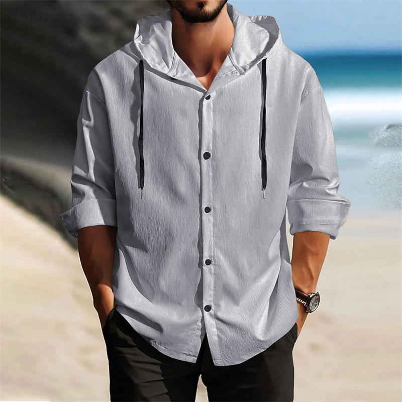 Men's Shirt Summer Shirt Casual Shirt Beach Shirt Button Up Shirt Black White Dark Navy Brown khaki Long Sleeve Plain Hooded Holiday Casual Daily Button-Down Clothing Apparel Polyester Fashion Casual 2025 - $27.99 –P10