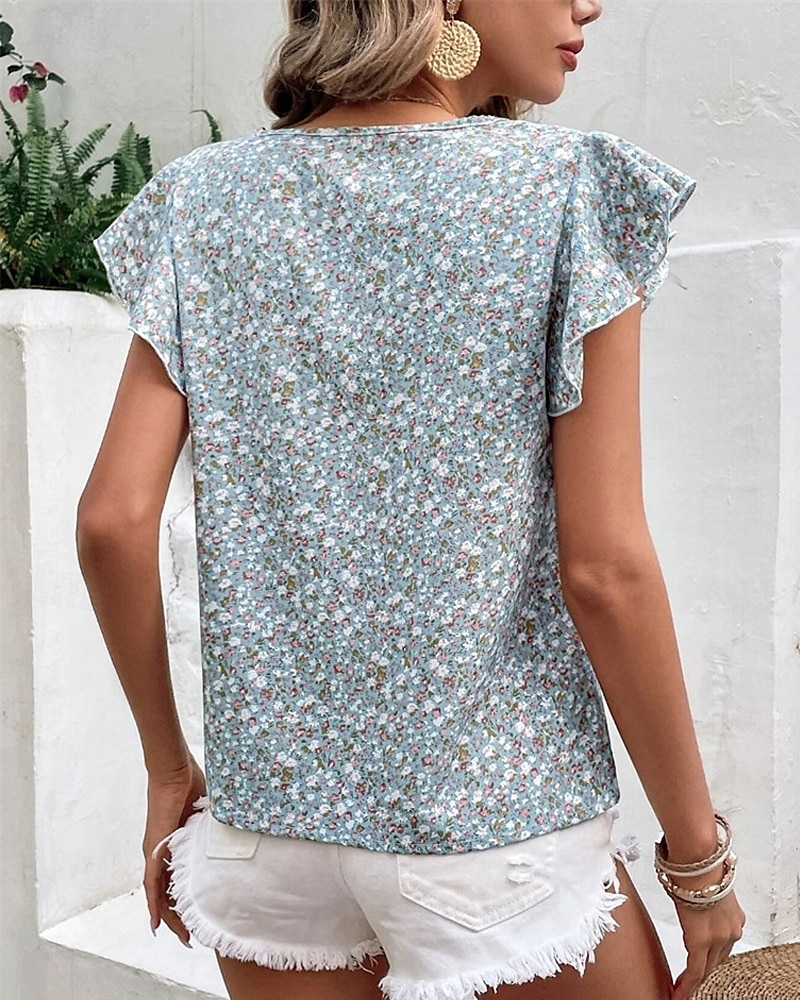 Damen T Shirt Blumen Mode Modern Kurzarm Rundhalsausschnitt Normale Oberteile Täglich Ausgehen Rüsche Grün Sommer 2025 - $18.49 –P2