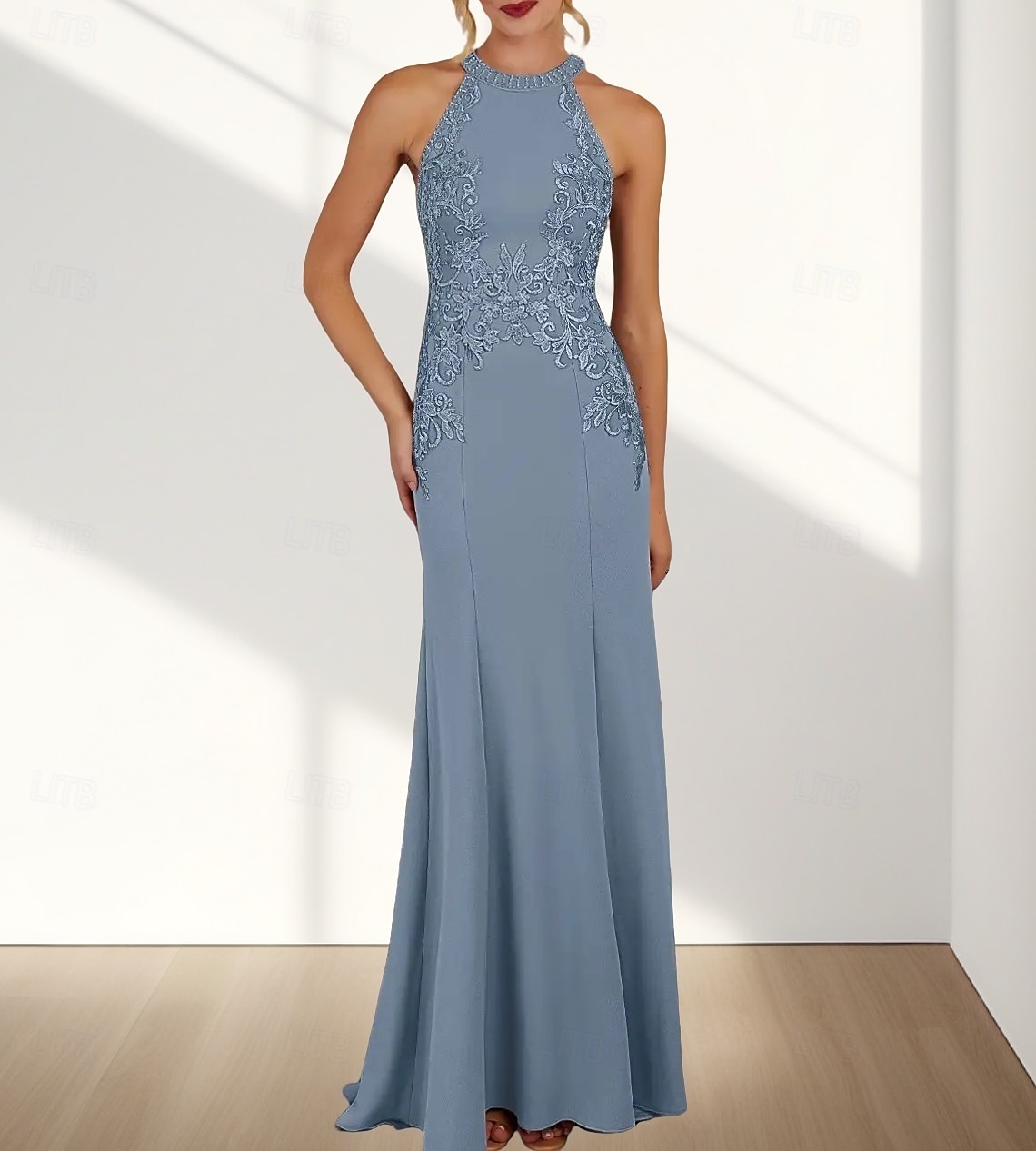 Sukienka dla druhny mermaid  trumpet dekolt zaokrąglony  dekolt halter bezrękawowa elegancka tren przesuwany  zamiatany szyfon z aplikacjami 2025 - $162.99 –P1