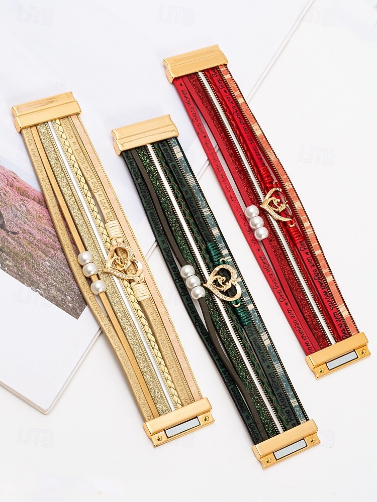 Pulseira magnética feminina de couro sintético – pingente de coração e pérola em liga com texto inspirador, presente de joia estilo boho para mãe, adequada para o dia das mães, aniversários e roupas casuais de 2026 por $9.99 –P5