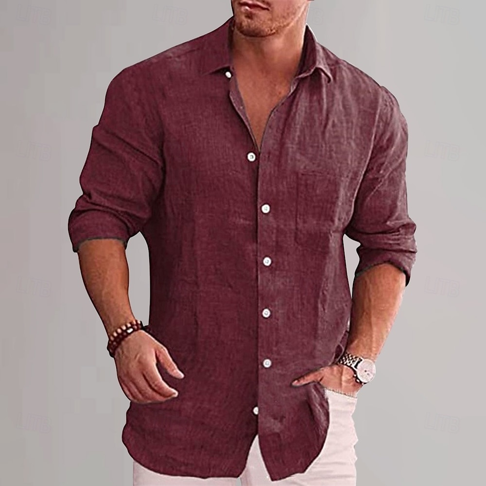 Per uomo Camicia in cotone e lino Semplice Vacanza Nero Bianco Vino Azzurro cielo Manica Lunga Bavero Abbigliamento del 2025 a $25.99 –P6
