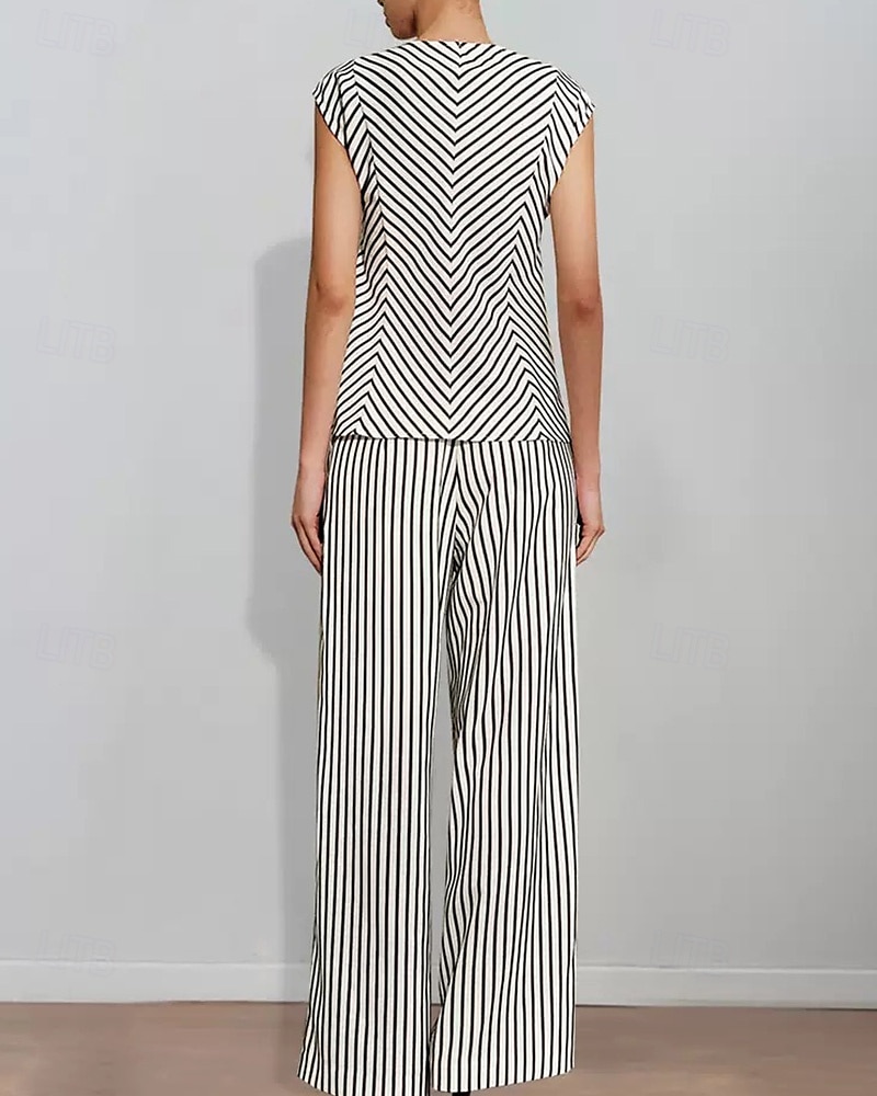 Striped Print Two Piece Pantsuit Mother of the Bride Pantsuit Classic Simple Minimalist Crew Neck Floor Length Metal Buttons Sleeveless with Sash / Ribbon 2025 - $179.99 –P4
