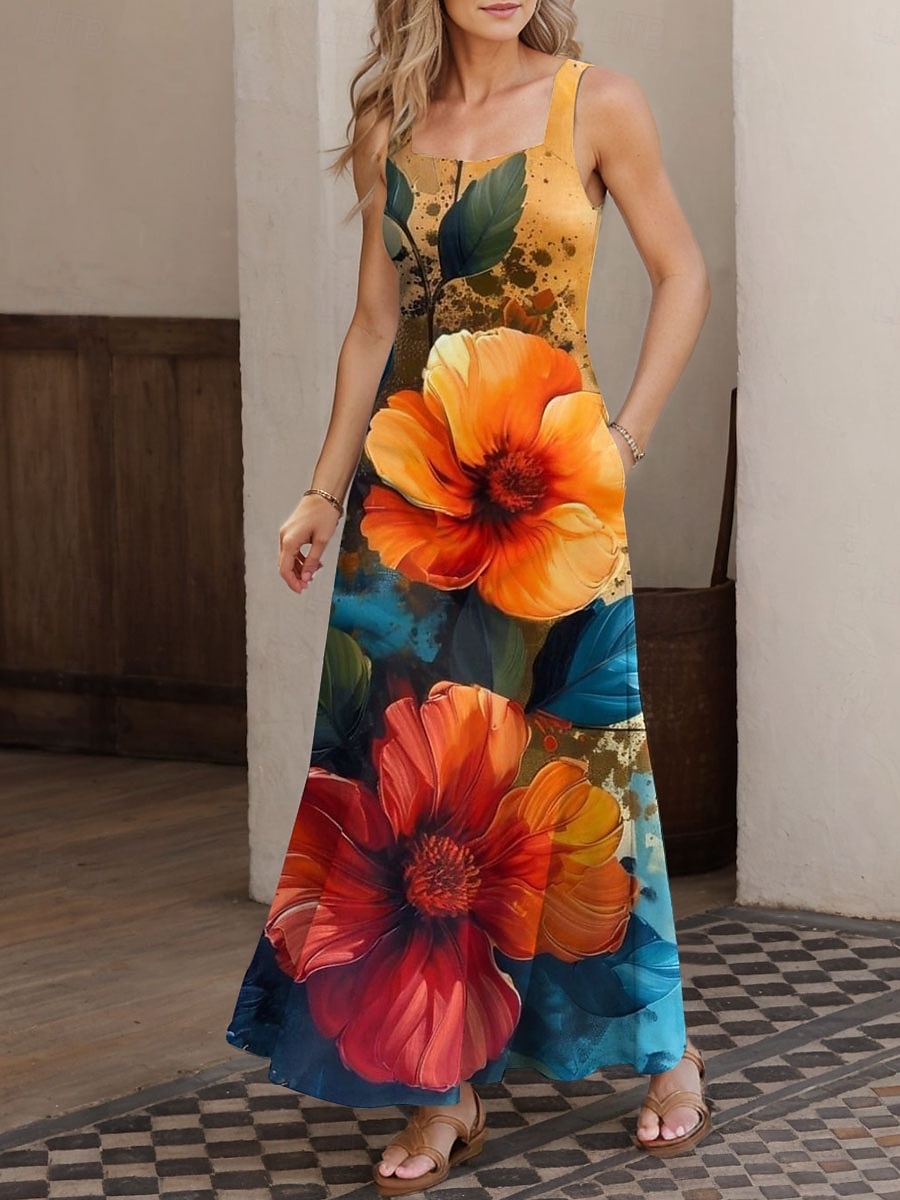 Women's Maxi Dress A Line Dress Summer Dress Off The Shoulder Dress Vacation Casual Party Date Regular Fit Floral Graphic Sleeveless Square Neck Orange Summer Spring 2025 - $26.99 –P1