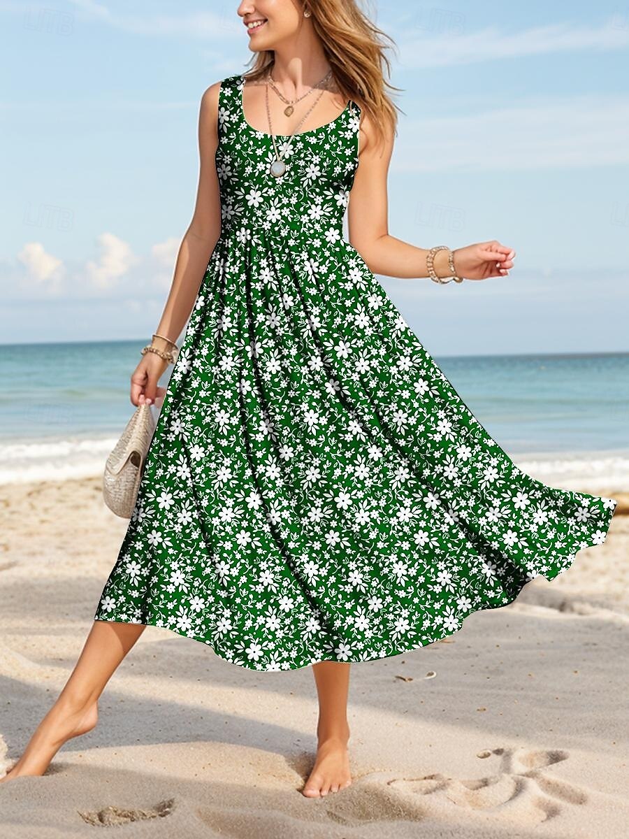 Pentru femei Rochii Midi Rochie de Vară Rochie A line Rochie cu umeri Elegant Vacanță Casual Fit regulat Floral Grafic Fără manșon În U Scoateți gâtul Roșu Vin Albastru piscină Trifoi Vară Primăvară 2025 - $35.99 –P5